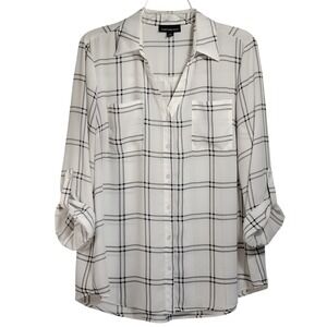 Fortune + Ivy XL White Plaid Long Sleeve Button Down Top Blouse Preppy